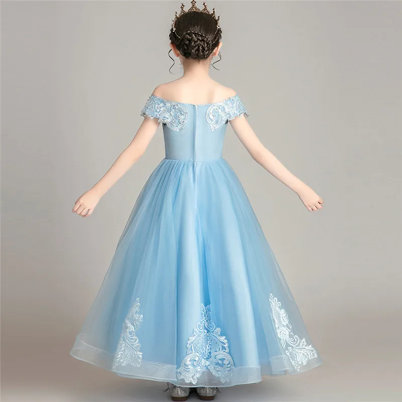 

3~14T Girls Children Luxury Shoulderless Collar Embroidery Flowers Birthday Evening Party Princess Mesh Dress Kids Host Dress