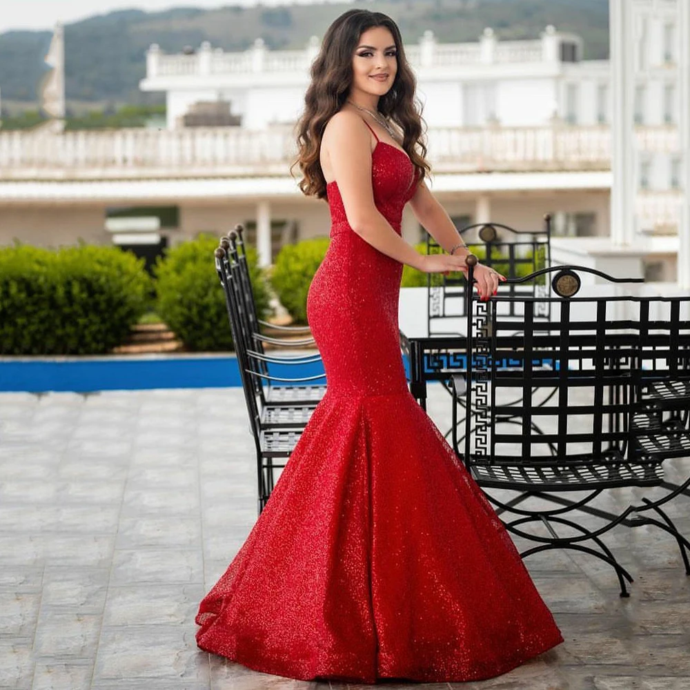 

UZN Dark Red Sequined Mermaid Prom Dress Spaghetti Straps V-Neck Evening Dress Sexy Trumpet Prom Gowns 2022