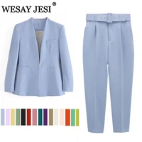 wesay jesi womens fashion blazer office suit pantsuit simple solid color suit collar long sleeve trousers 2 piece set blazer