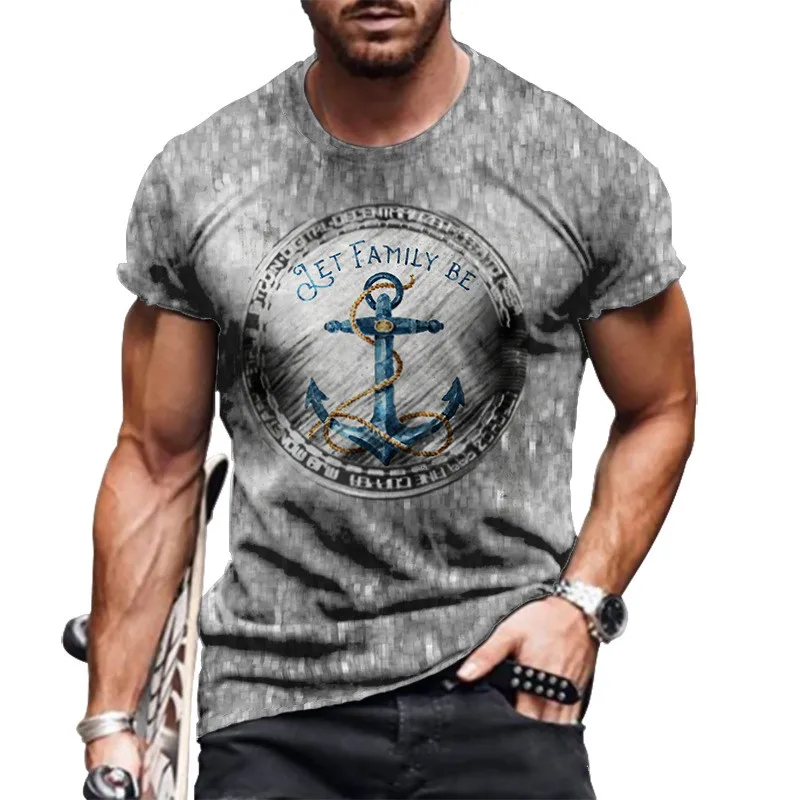 

Футболка мужская оверсайз с принтом якоря, Повседневная рубашка с круглым вырезом и коротким рукавом, уличная одежда, свободная одежда, лет...