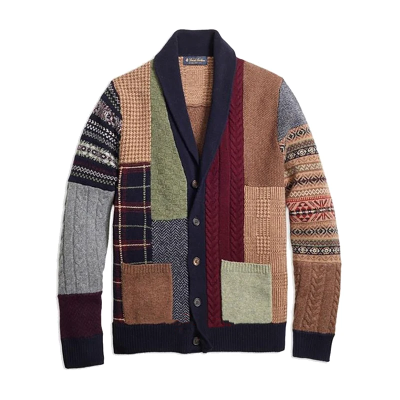 Autumn Winter Vintage Mens Cardigan Sweater Coat Patchwork Knitted Outwear with Pocket Warm Wool Cardigan Sweater Jumper