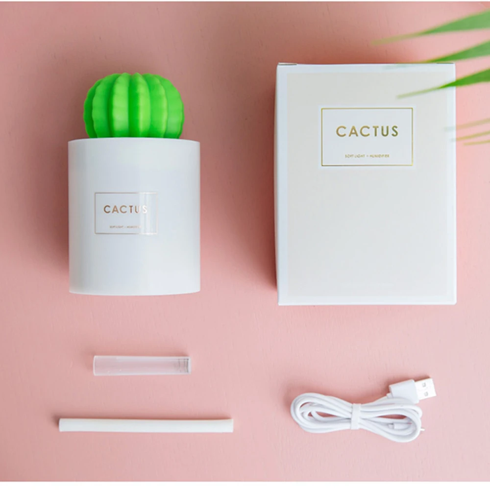 

280ML Air Humidifier Soft LED Light Cactus Ultrasonic Aroma Essential Oil Diffuser for Home Car USB Mini Air Purifier