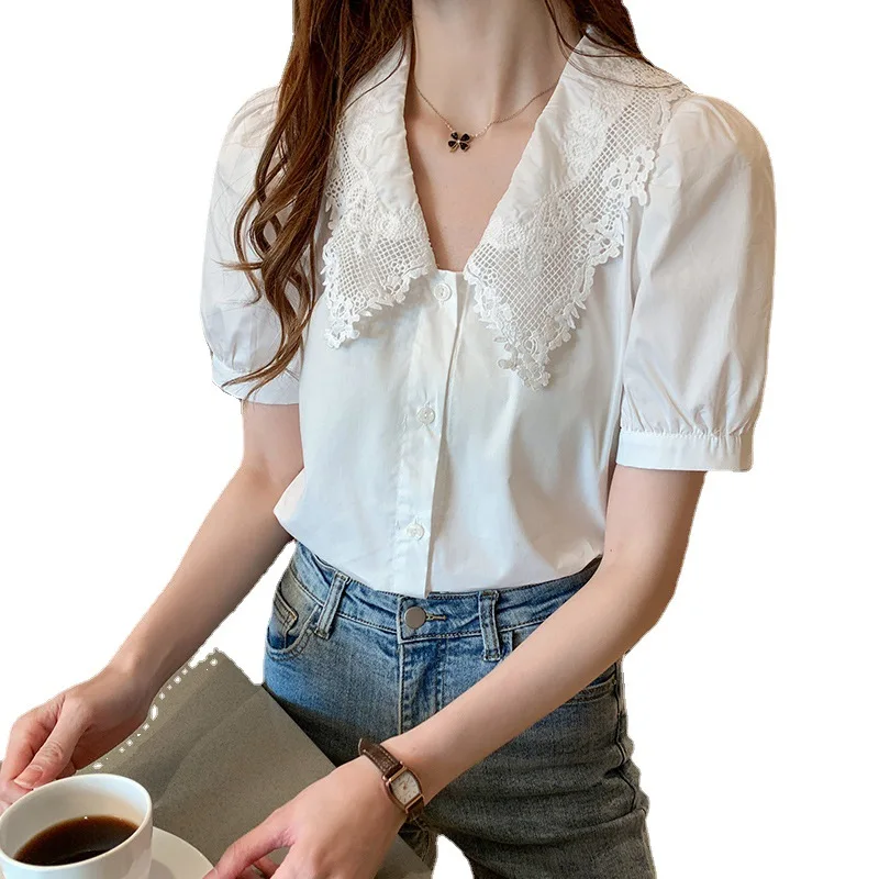 

2021 summer new style Korean fashion puff sleeve shirt embroidered collar short-sleeved top women