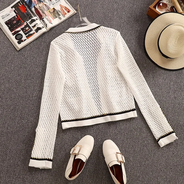 Women's Long Sleeve Golden Button Knitted Outerwear Jacket 2020 Spring New Hollow Out Gold Weave Trim Cardigan Sweater Coat |