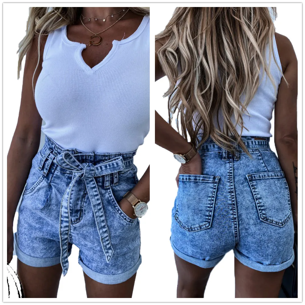2021 Summer New High Waist Lace-up Denim Shorts For Women Fashion Snowflake Shorts Jeans XS-XL Wholesale Price Top Quality
