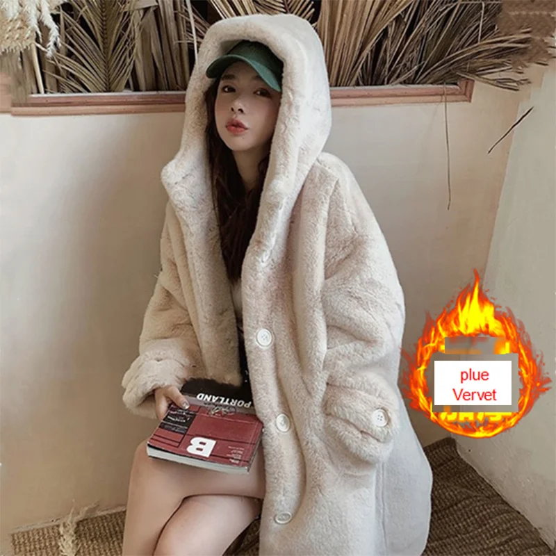 

2021HStar Faux Fur Coat Women Casual Korean Loose Hoodies Furry Thick Bat Sleeved Warm Long Faux Rabbit Fur Jacket Winter Coat