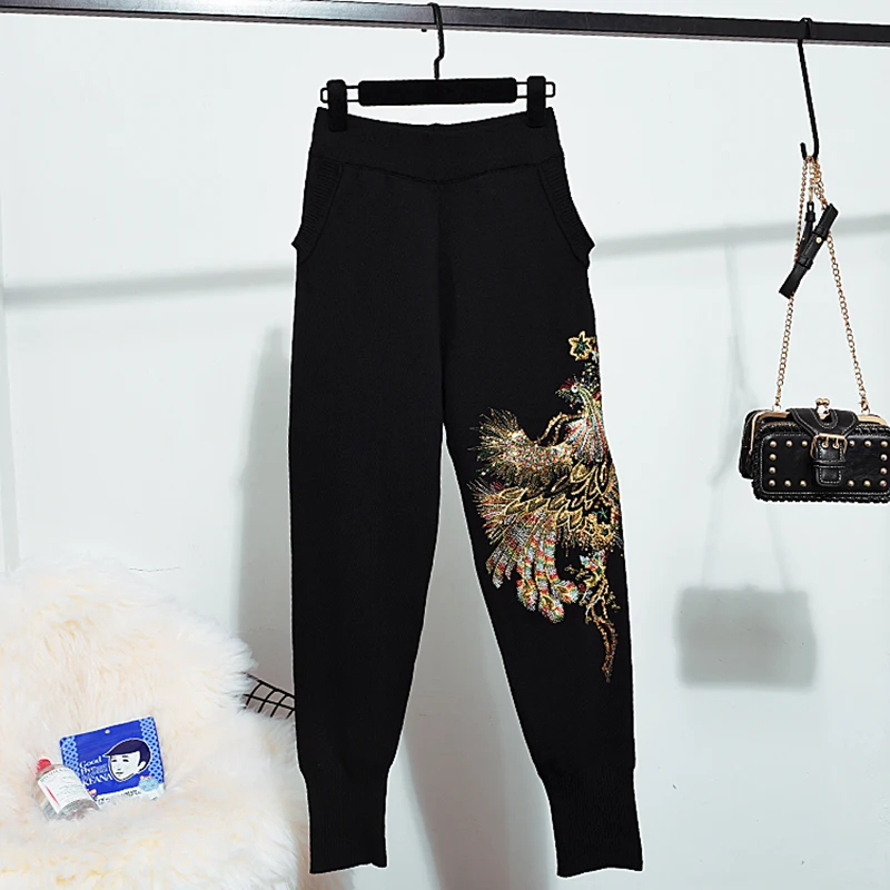 

Red Pink Black Knitted Tracksuits Set Women Fashion Beading Embroidery Phoenix Sweater Long Pants Outfits Female Loose Knit Suit