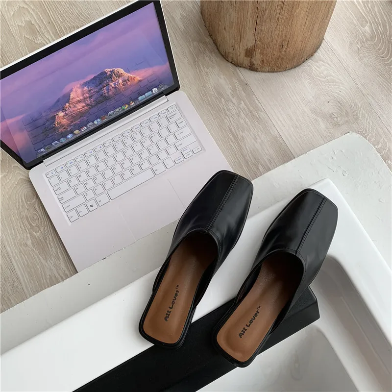 

Loafers Female Shoes Slippers Casual Square Toe Slides Low 2021 Luxury Flat Soft Rome Rubber PU Basic Hoof Heels Fabric Shoes Wo