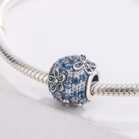 925 sterling silver round shape sparkling pave flower blue clear zircon pendant charm bracelet diy jewelry making for pandora