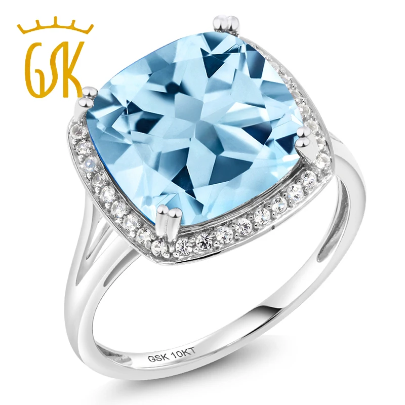 GemStoneKing 8.54Ct Подушка 10K белое золото небесно голубой топаз и бриллиантовое кольцо