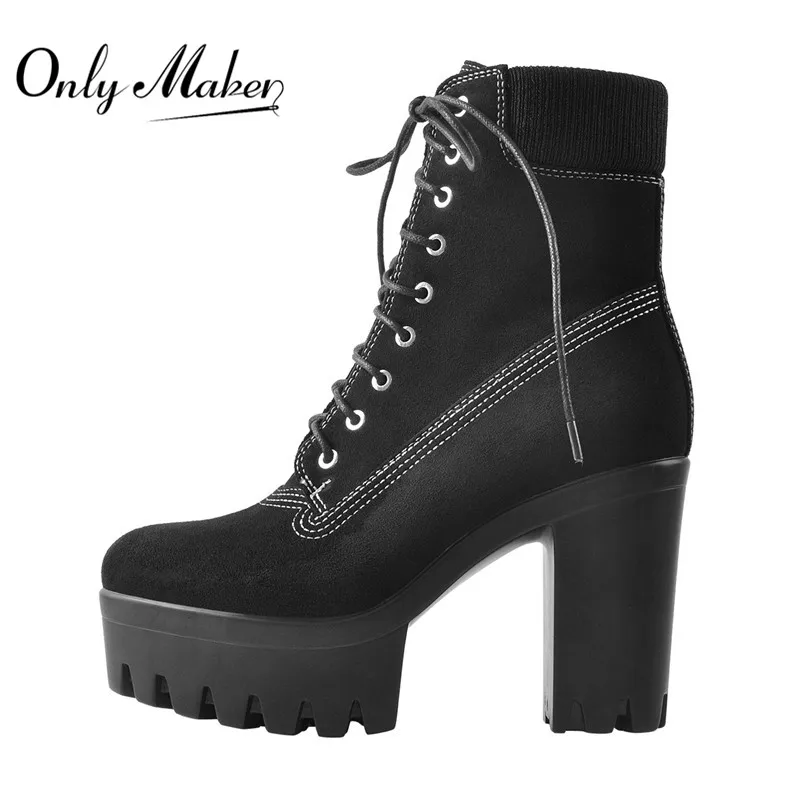 Onlymaker Women Round Toe Lace Up Platform Ankle Boots Big Size Black Fashion Short Female Brand Boots