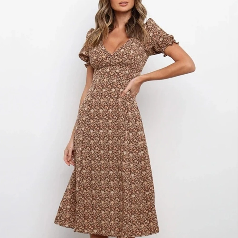 

Mid-length Skirt Summer Lady Floral Print Dress Long Sexy V-neck Puff Sleeve Elegant Casual Party Dress