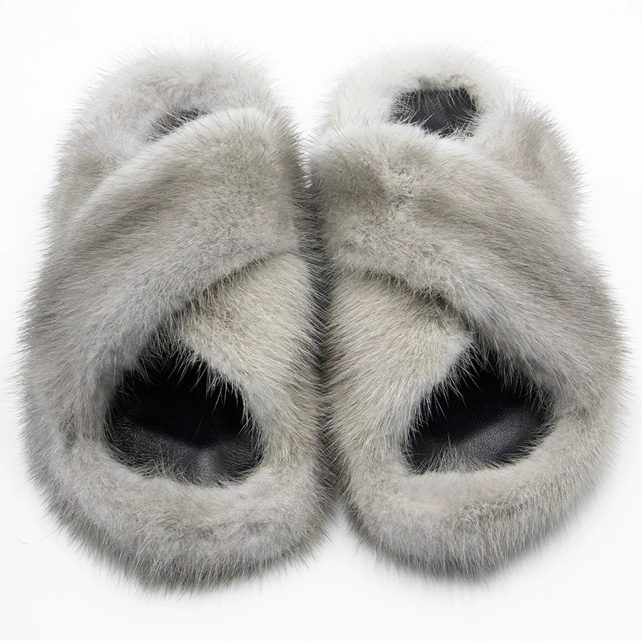 Шлепанцы женские с двойным перекрестным ремешком натуральный мех норки сланцы