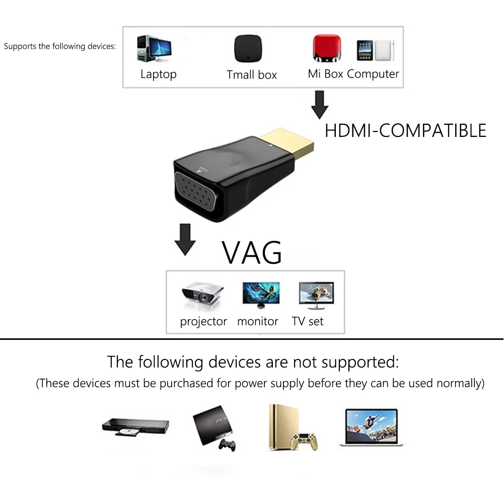 Адаптер HDMI-совместимый с VGA HD 1080P выход конвертер коннектор для компьютера