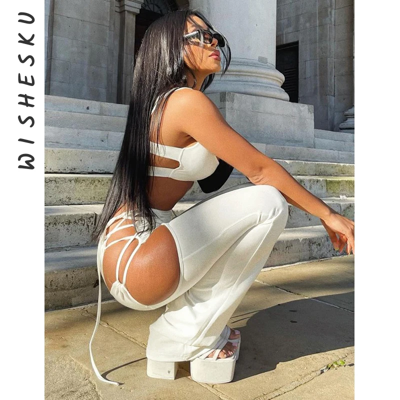 

Women Sexy Corset Tank Top + High Waist Hollow Out Bandage Lace Up Pants Outfits Two Piece Set Tracksuits 2021 Fall Punk Clothes