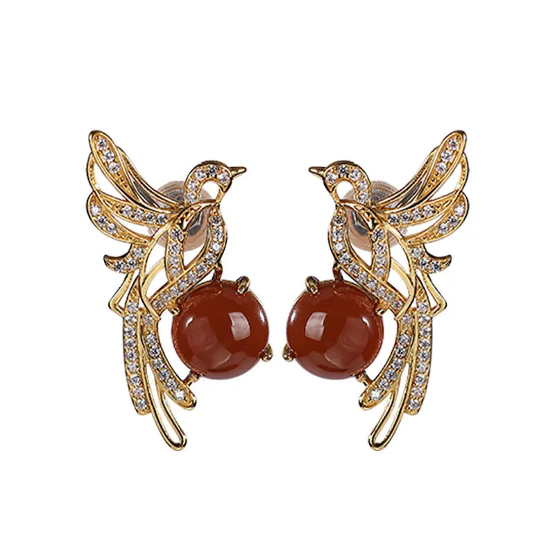 

S925 sterling silver gold-plated southern red agate stud earrings personality affordable luxury refined grace Magpie women's