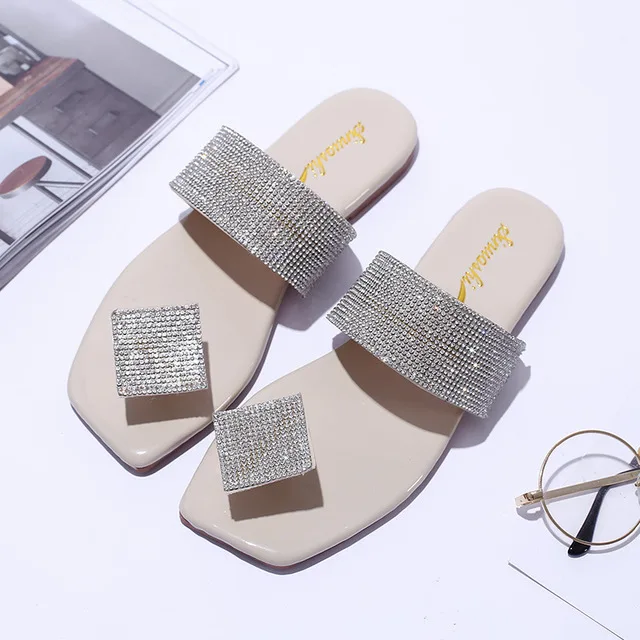 

2021 Women Sandals Bling Crystal Summer Shoes Woman Beach Flat Sandals Flip Flop Ladies Soft Bottom Slippers Female