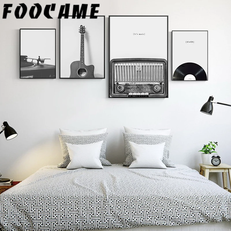 Картина на холсте для гостиной современная Скандинавская черно-белая гитара