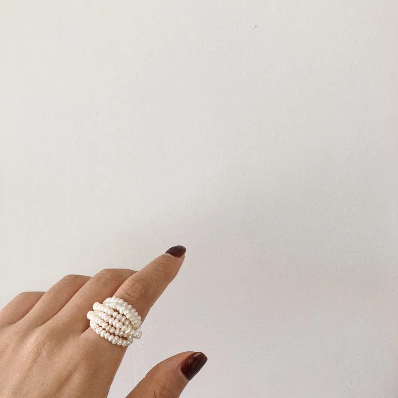 

2021 Retro Multilayer Natural Freshwater Pearl Rings Metal Geometric Bead Ring for Women Girls Party Jewelry Gift