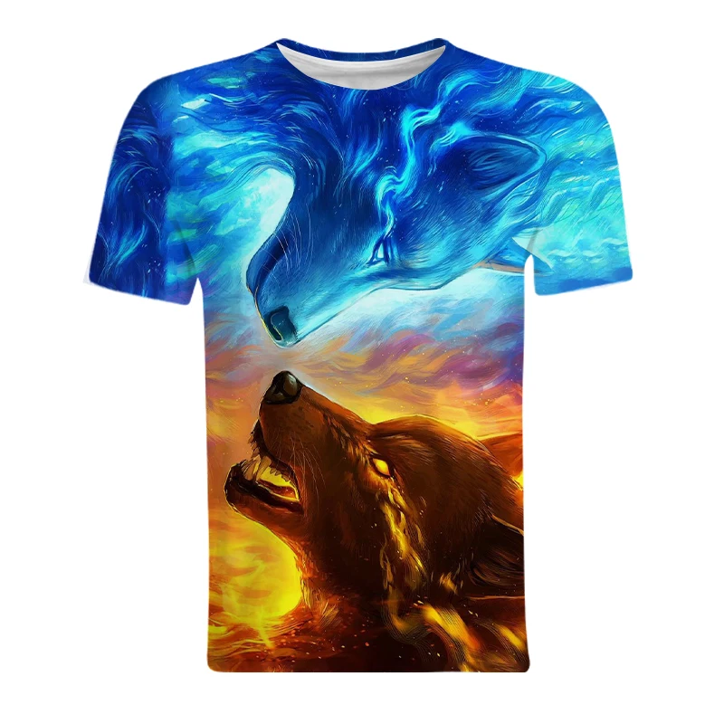 

Men'S Summer Fashion Sportswear Beach Vacation Casual 2 Piece Set 3D Howling Wolf Style Printed T-Shirt + Shorts Men'S Wear