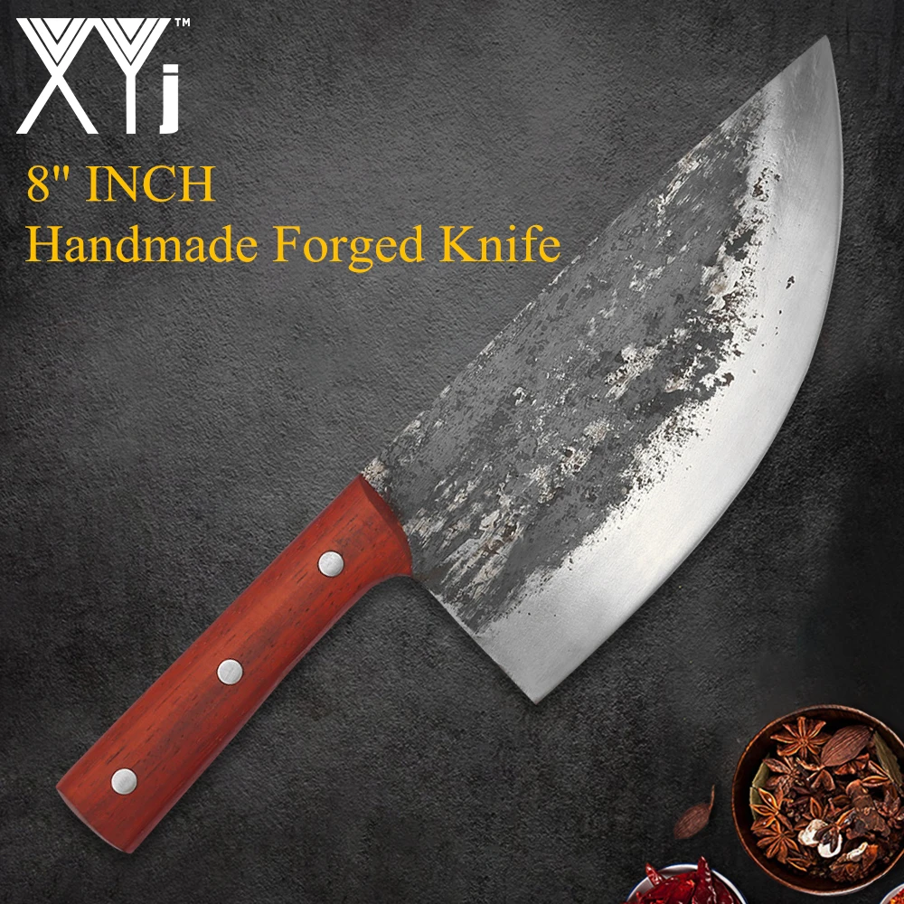 

XYj Machete Handmade Forged 8'' INCH Big Slaughter Cleaver Red Wood Handle Chopping Butcher Sword Cooking Slicer Filleting Knife