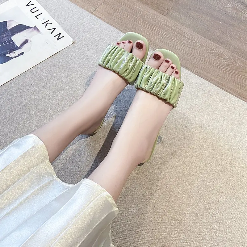 Summer Rhinestone High Heels Soft Leather Pumps Women Shoes Fashion Shallow Slip-On Slipper Peep Toe Sandals Women Party Shoes