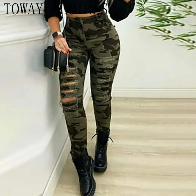 

Autumn Casual Women Slim Fit Long Pants Fashion Trousers High Waist Camouflage Print Fringe Hem Cutout Skinny Jeans