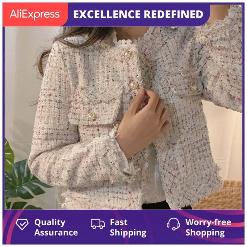 

Женская твидовая куртка с круглым вырезом, длинным рукавом, свободного покроя