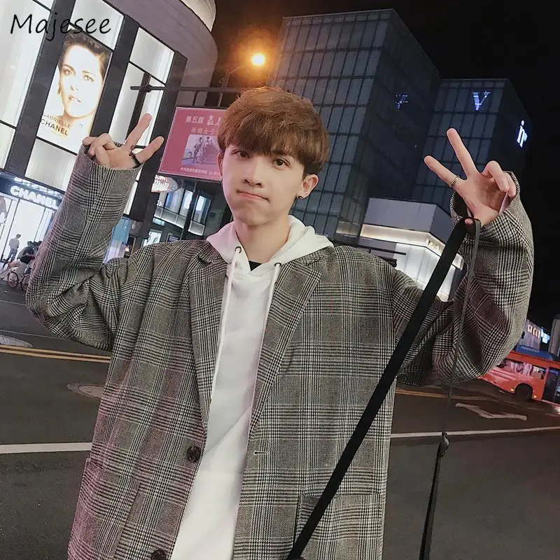 

Men Blazers Plaid Single Breasted Retro Pockets Korean Chic Leisure Loose Male Coats Ins Students Long Sleeve Fashion New BF Fit