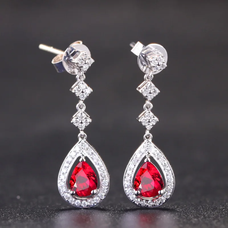 

HOYON 925 sliver Color Drop Earring For Women Red Corundum Gemstone 18k White Gold color AAA Zircon Diamond Ruby birthday gift