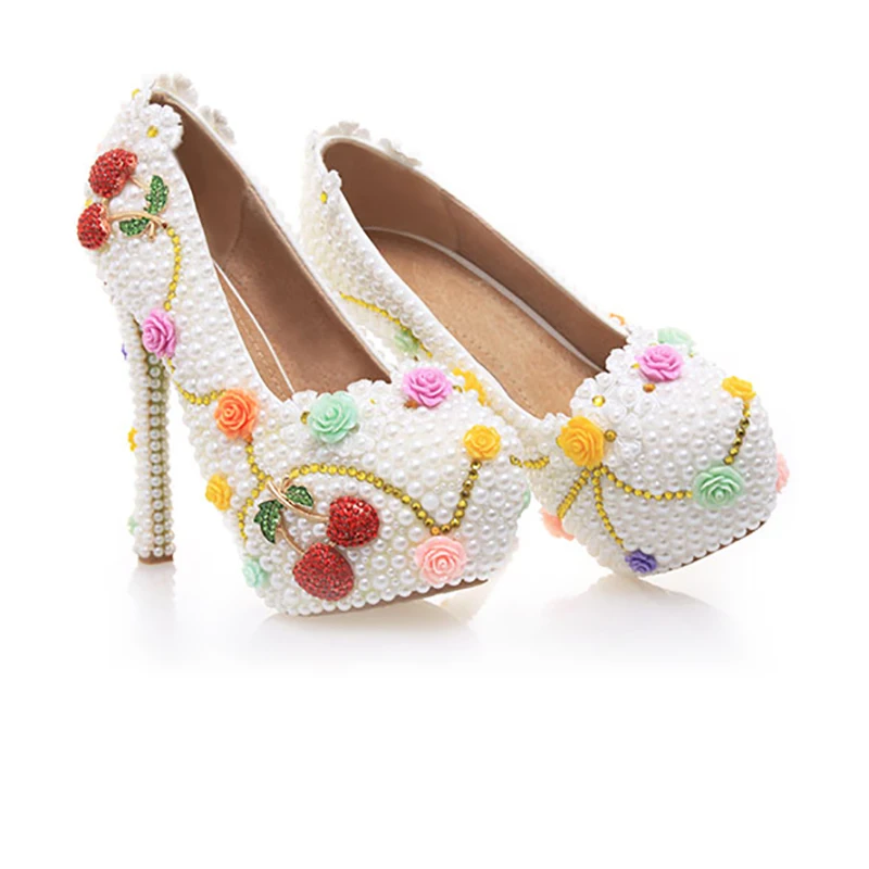 

Womens Wedding Shoes White Pearl Flowers Crystal Decor Pumps Round Toe Sexy Bride Princess High Heels Female Rhinestone Shoes