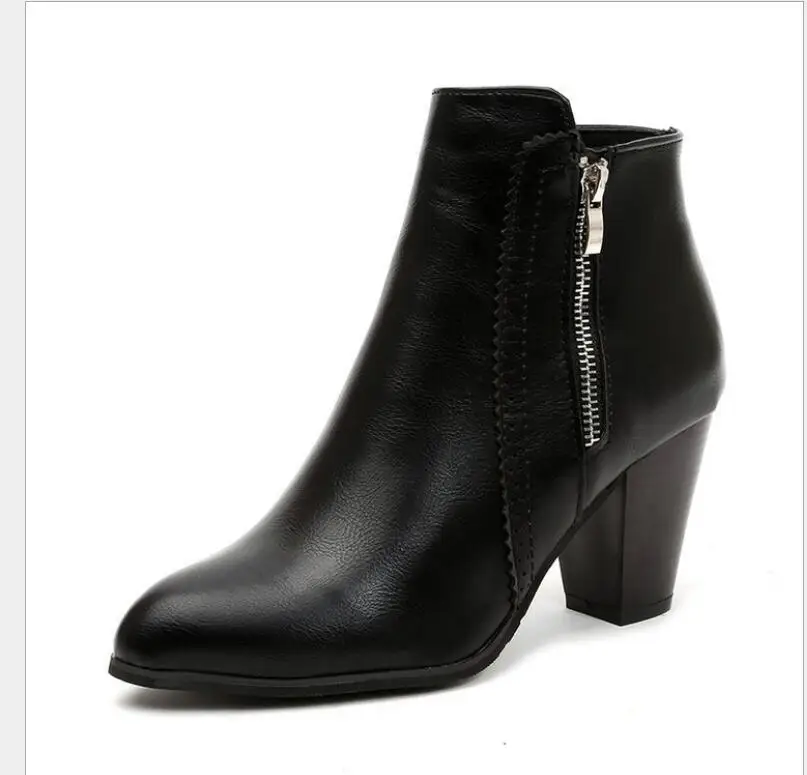 

Fashion Retro Women Ankle Boots Fashion PU leather Boots High heel 8cm Ladies shoes Side Zipper Short Boots for Women Shoes