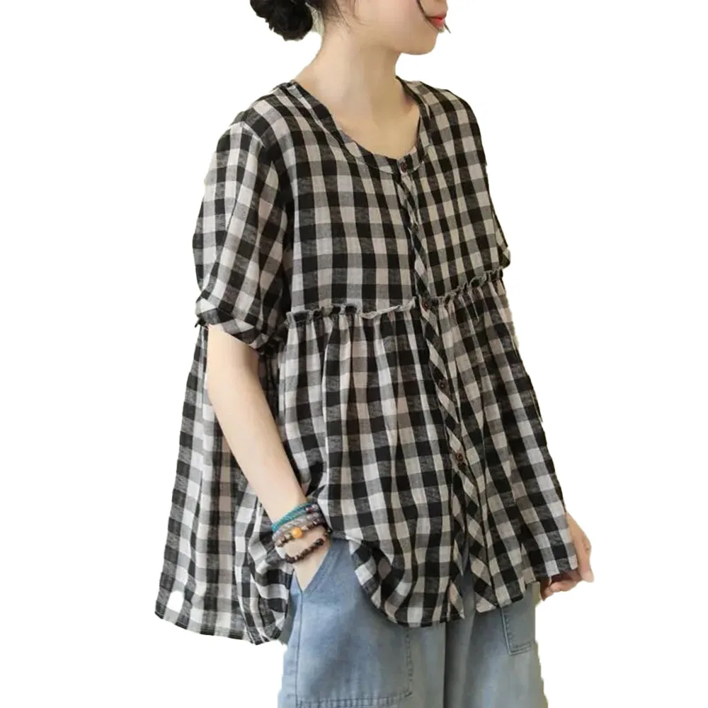 

Japanese Style Summer New 2021 Lattice Splicing Fungus Loose Casual Women's Blouse Fashion Round Neck Summer Simplicity