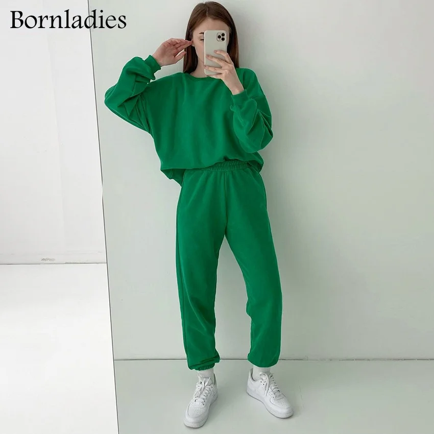 

Bornladies, новый женский зеленый спортивный костюм из двух предметов, пуловер с длинным рукавом и белые спортивные брюки, осенняя одежда для акт...