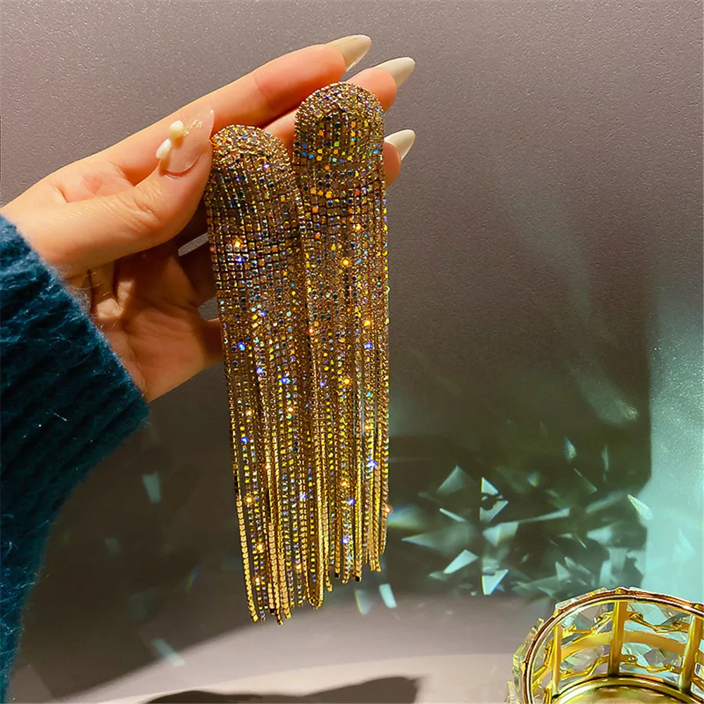 

Long Tassel Full Rhinestone Drop Earrings For Women Ovsize Crystal Dangle Earrings Fashion Jewelry Accessories