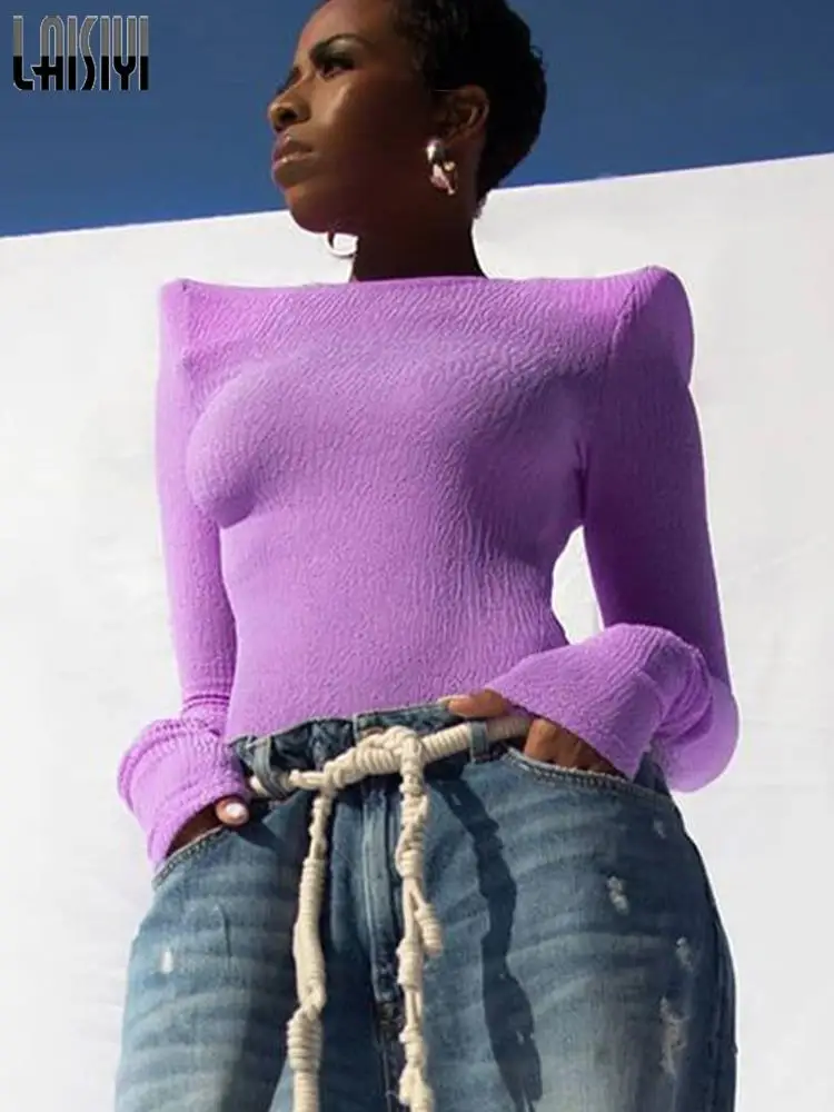 

Elegant Solid Padded Shoulder Long Sleeve T Shirt O Neck Autumn Tees Top Women Purple Casual Sexy Top Spring Tee Shirts 2022