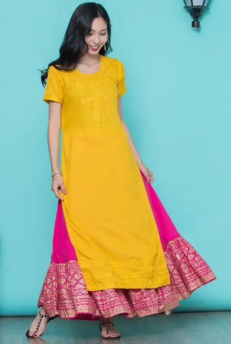 Новые женские модные комплекты в этническом стиле хлопок Индия Kurtas короткий рукав длинный желтый тонкий Топ Юбка