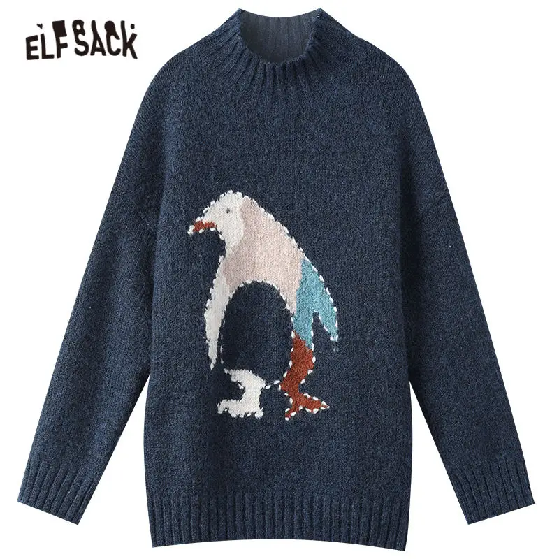 

ELFSACK Harajuku penguin Jacquard Casual Knit Pullover Women Sweaters,2021 Winter Vintage Full Sleeve,Female Daily Soft Top
