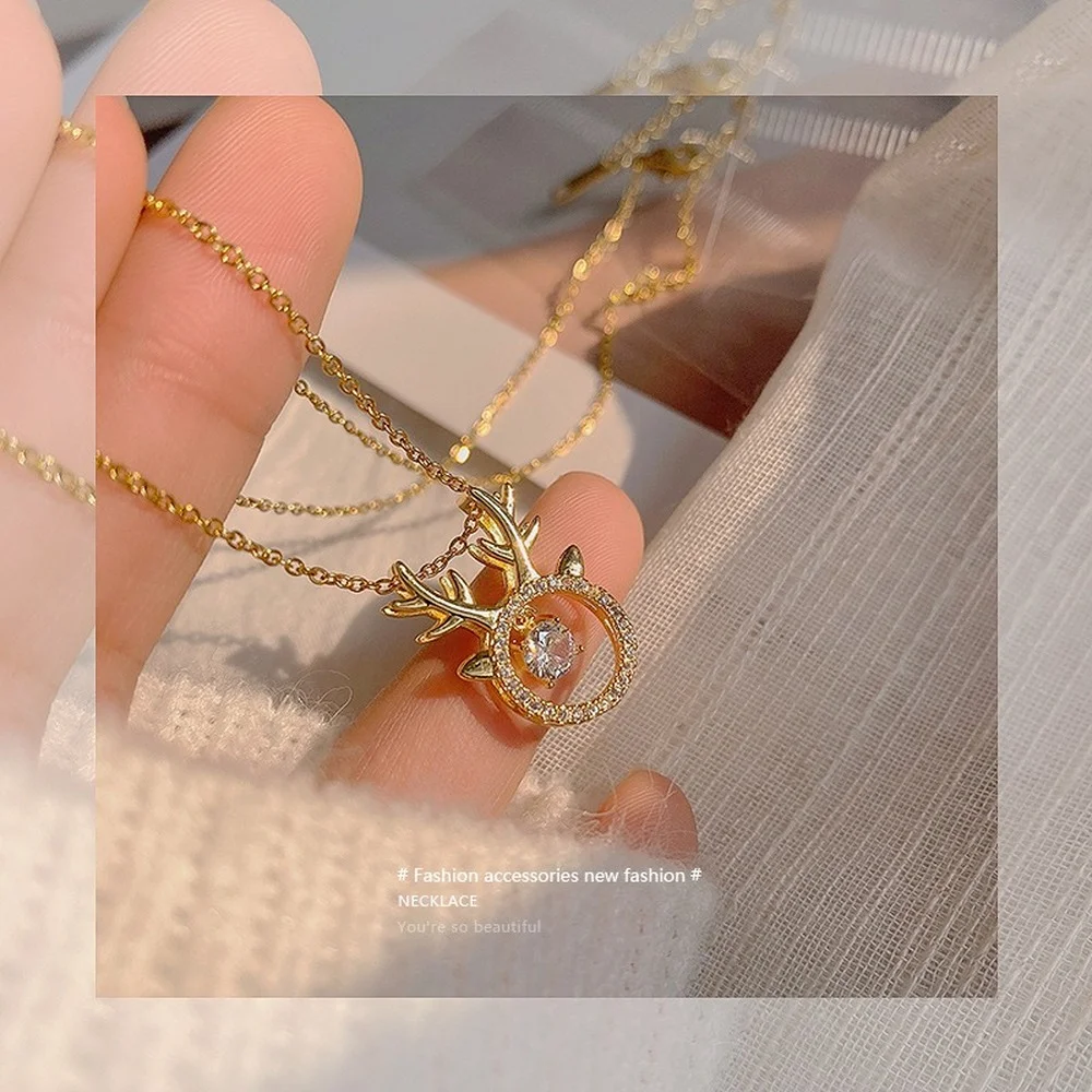 

Antlers Pendant Necklace for Women 2021 Aesthetic Fashion Zircon Accessories Luxury Titanium Jewelry Charm Clavicle Chain Gift