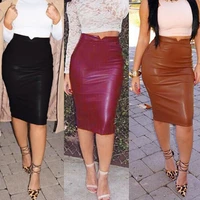 fashion women solid color faux leather high waist stretchy slim bodycon skirt