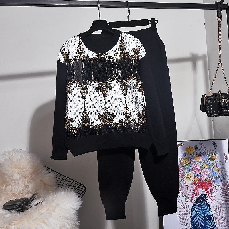 2020 осенне-зимний высококачественный черный спортивный костюм 2 шт. женский