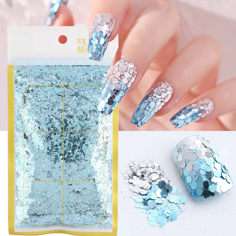 

50 г/пакет Spangles 3D шестигранные блестки для ногтей Mermiad блестящие зеркальные золотые Серебристые синие хлопья для дизайна ногтей для маникюрн...