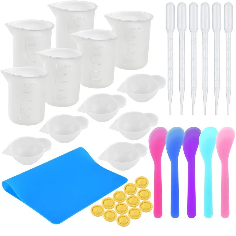 36PCS Glue Tool Kit Silicone Pad Measuring Cup Stirrer for DIY Tools Kits Stirring Stick Straw Disposable Spoon For Resin Mold