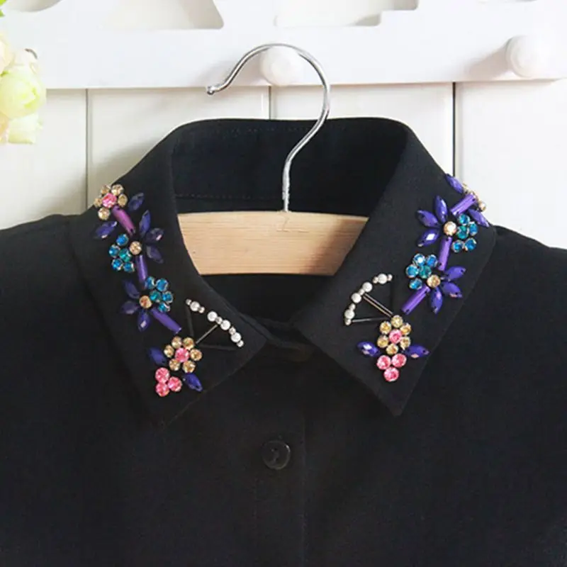 

Ladies Chiffon Detachable Fake Collar Colorful Faux Crystal Floral Half Blouse