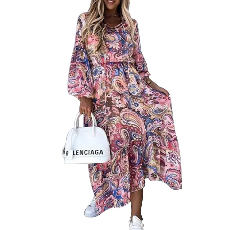 

Cross-border foreign trade in 2021 Amazon wish temperament autumn printing long sleeve stitching medium and long ruffled dress