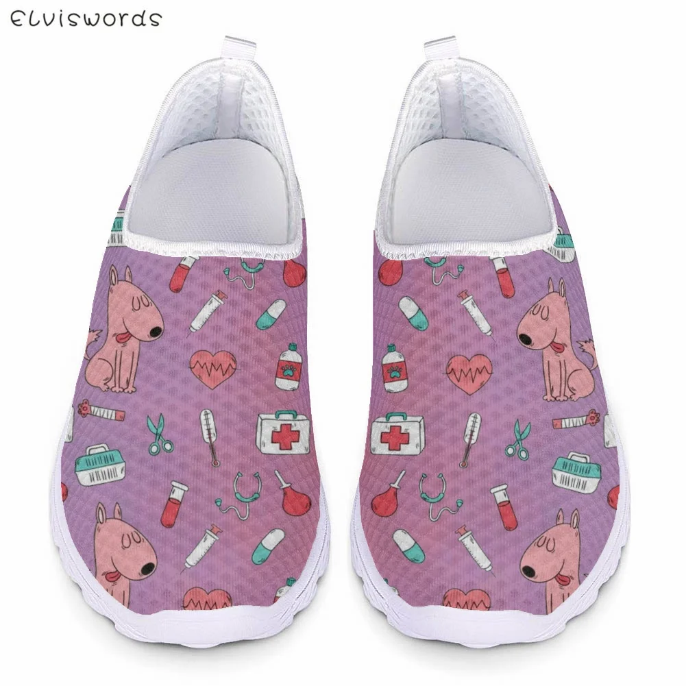 

ELVISWORDS Gradient Color Girls Flat Shoes Lovely Cartoon Medical Dog Pattern Women Mesh Sneakers Lightweight Slip-on Loafers