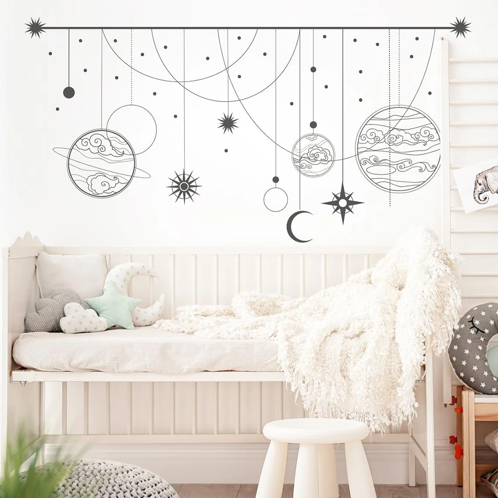 Cartoon Boho Mystical Moon Space Wall Decal Headboard Astrology Solar System Planets Magic Astronomy Wall Sticker Kids Room