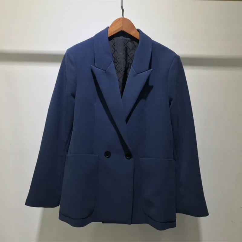

Women Blue Suit Coat Double Breasted Office Lady Long Sleeve Simple Autumn Winter New 2021 Blazers