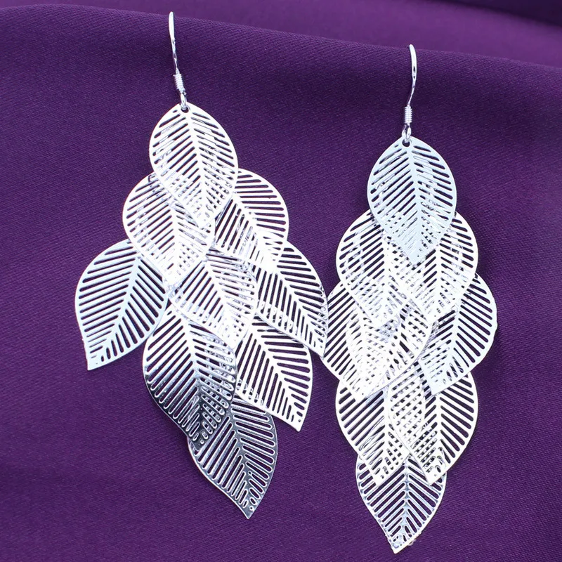 

925 Sterling Silver Jewelry String Of Leaves 76mm Pendant Earrings Woman's Classic Clothes With Gifts ES110