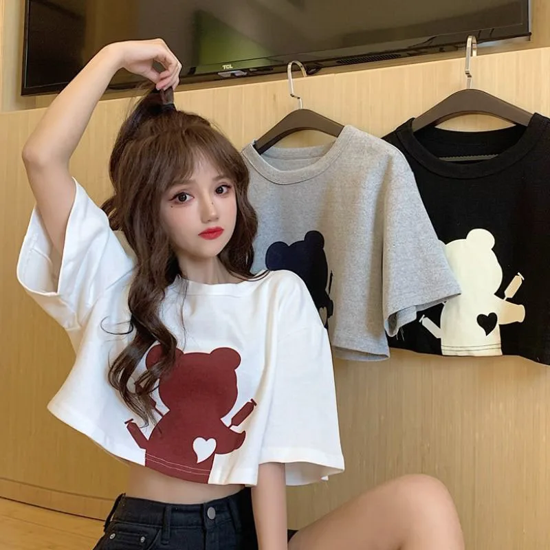 

Basic Bear printing Cotton T Shirt Goth Women Summer New Solid Tees Casual Loose Tshirt Korean O Neck fairy grunge Tops Cropped